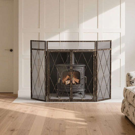 Smallbee Triple-Fold Iron Fireplace Screen Antique Copper Powder-Coated – 127x13x81cm