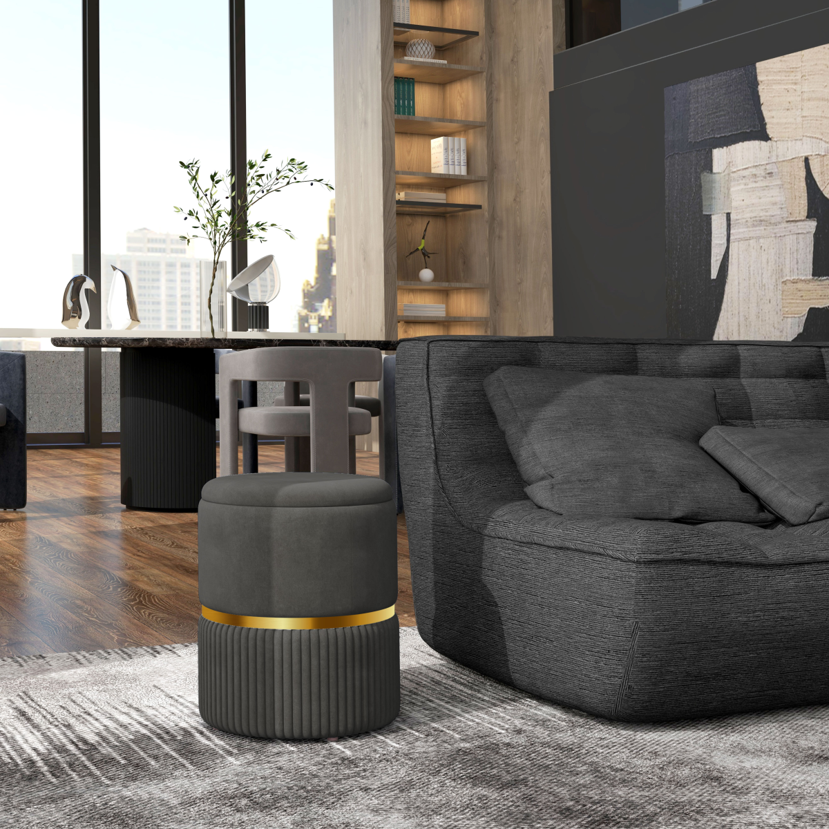 Aurora Round Pouffe, Storage Footstool with Cushioned Top, Hidden Space