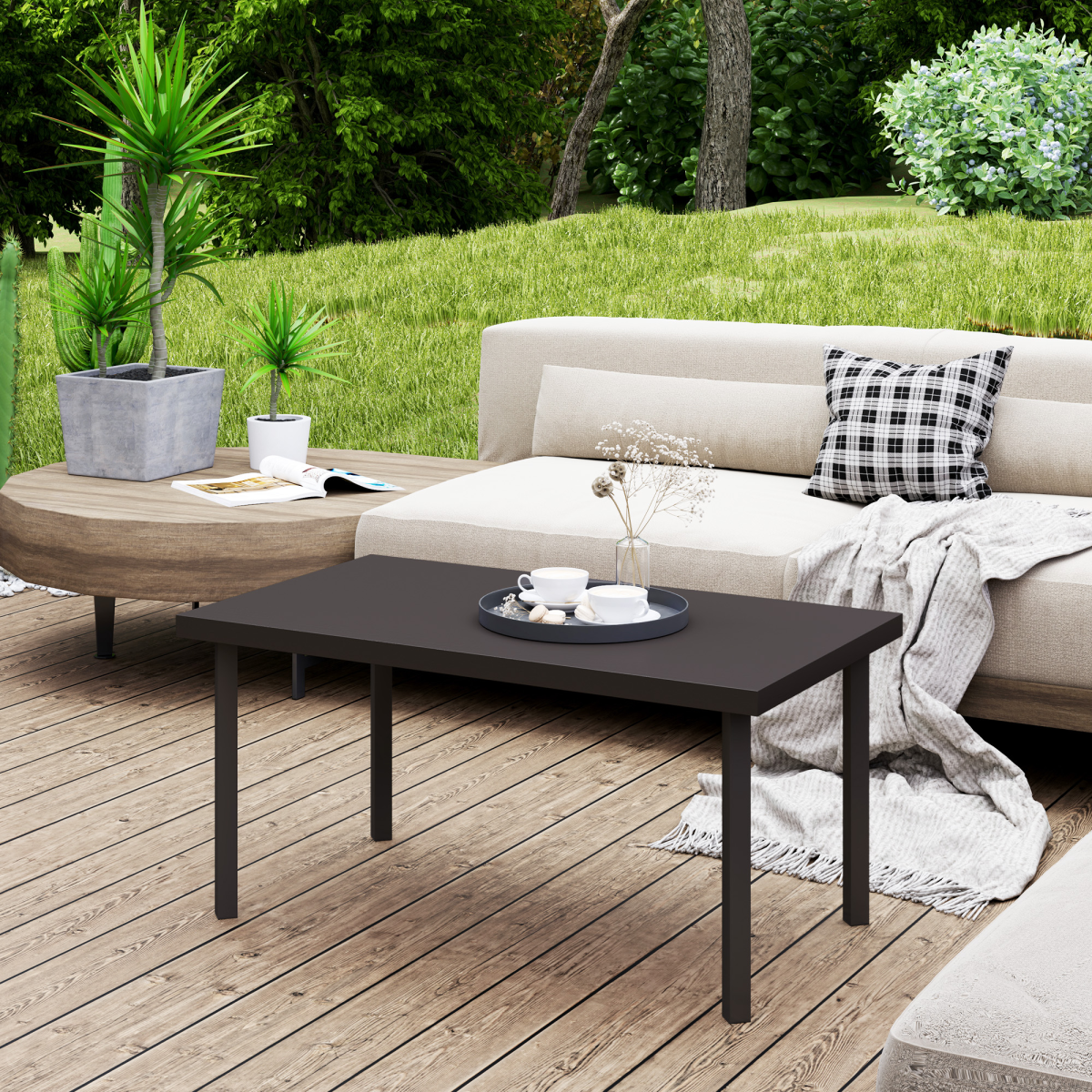 Esterno Metal Garden Coffee Table with Woodgrain Tabletop, Brown