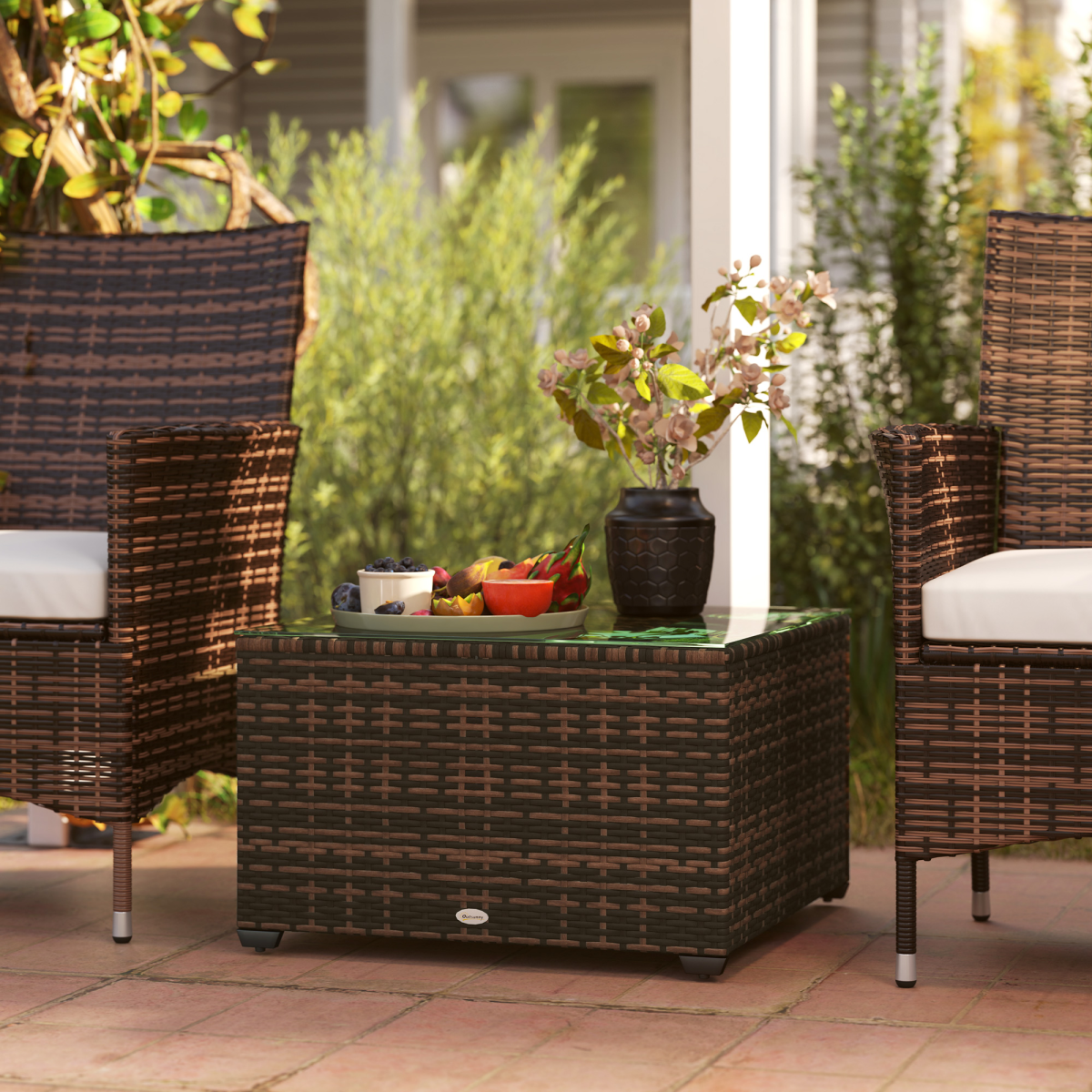 Esterno Outdoor Coffee Table with Glass Top, Rattan Side Table