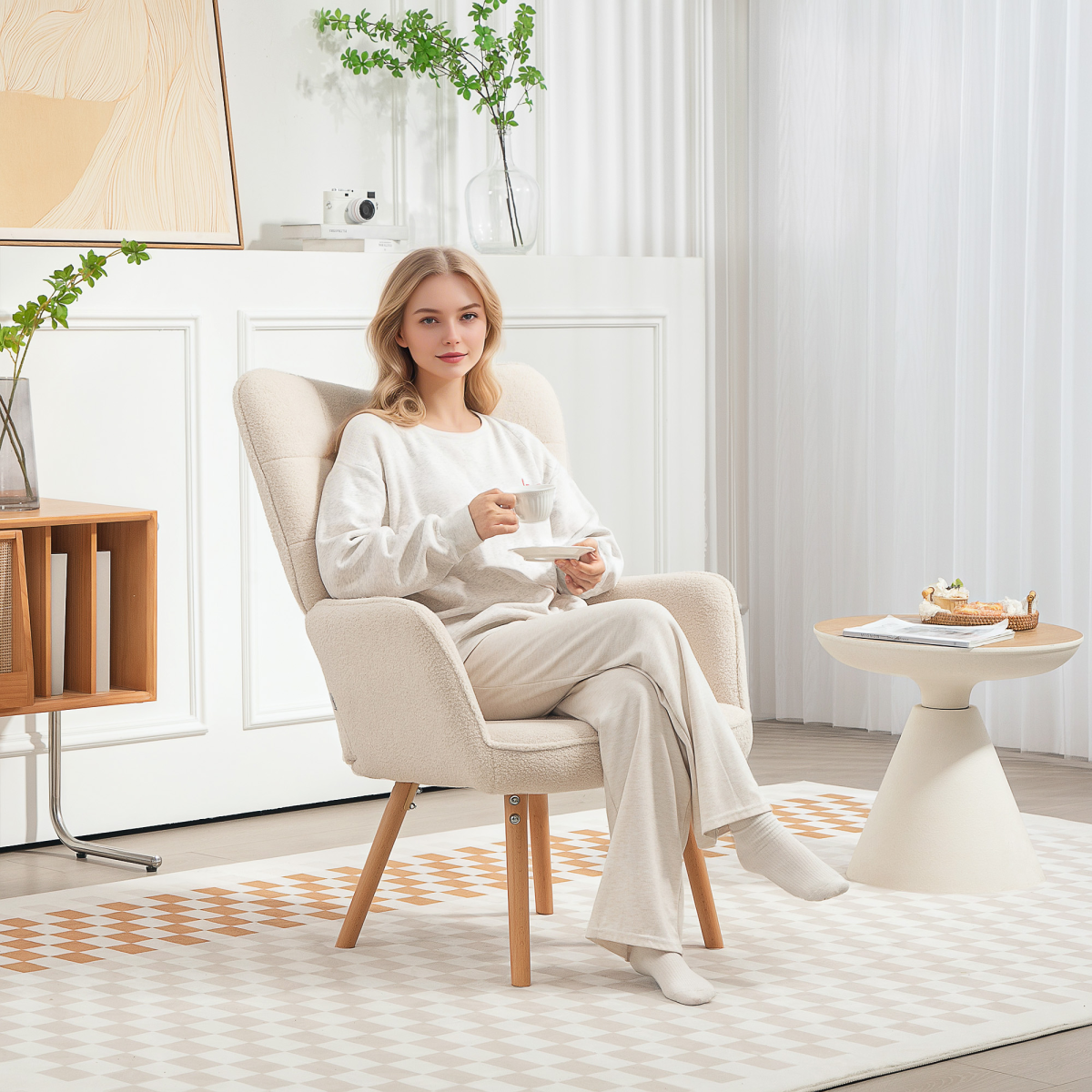 Aurora Upholstered Tufted Wingback Armchair with Seat Padding, Cream White