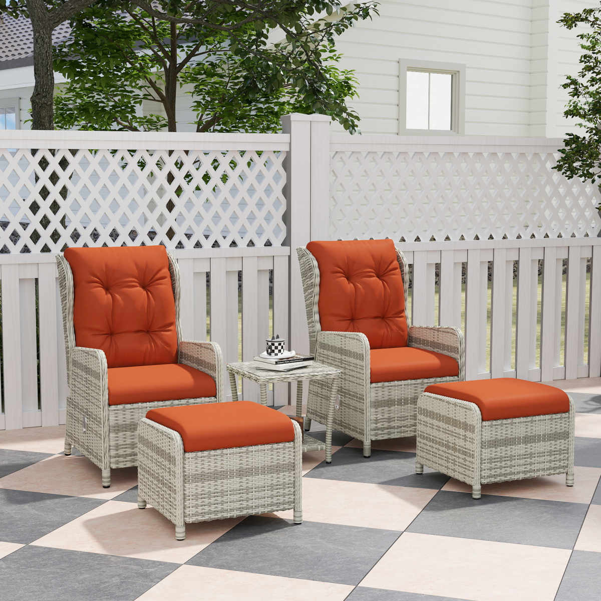 Esterno Recliner Rattan Garden Furniture w/ Two-tier Table, Orange