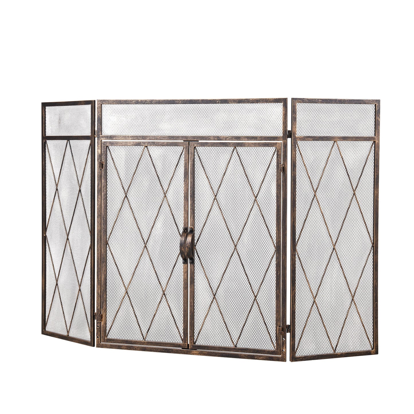 Smallbee Triple-Fold Iron Fireplace Screen Antique Copper Powder-Coated – 127x13x81cm