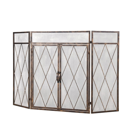 Smallbee Triple-Fold Iron Fireplace Screen Antique Copper Powder-Coated – 127x13x81cm