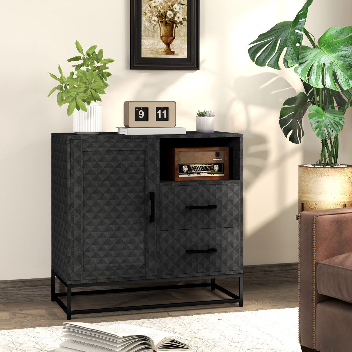Aurora Cupboard with Adjustable Shelf, Open Compartment, 2 Drawers
