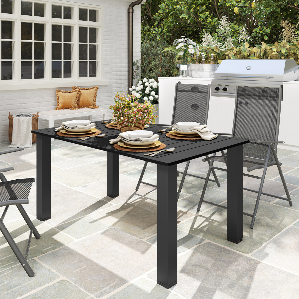 Esterno Garden Table with Parasol Hole, Slatted Metal Tabletop, Black