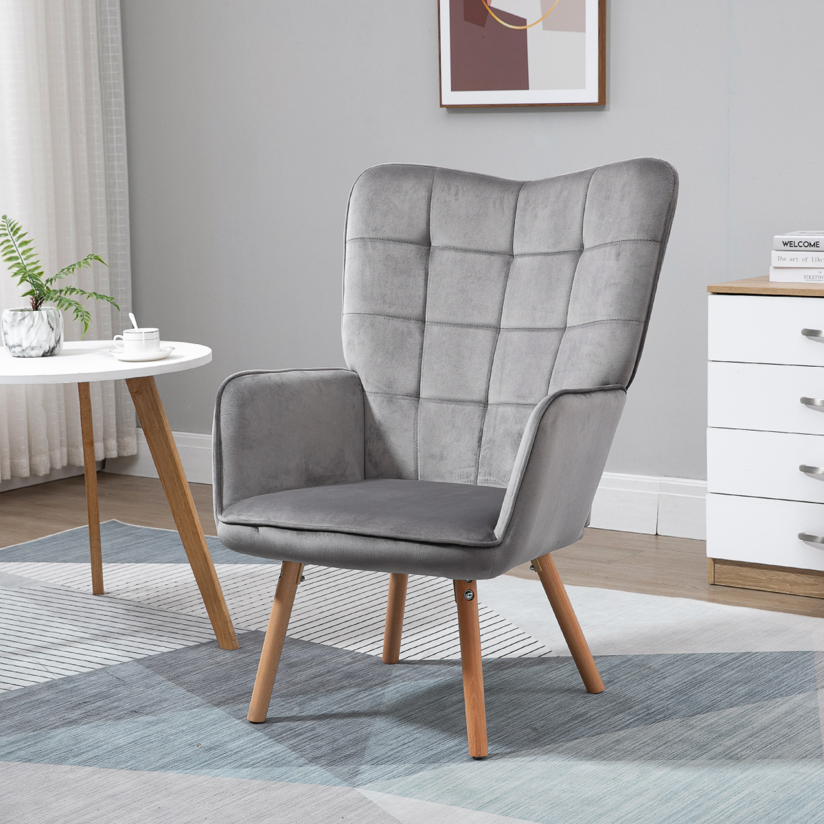 Aurora Modern Accent Chair Velvet-Touch Tufted Wingback Armchair Grey