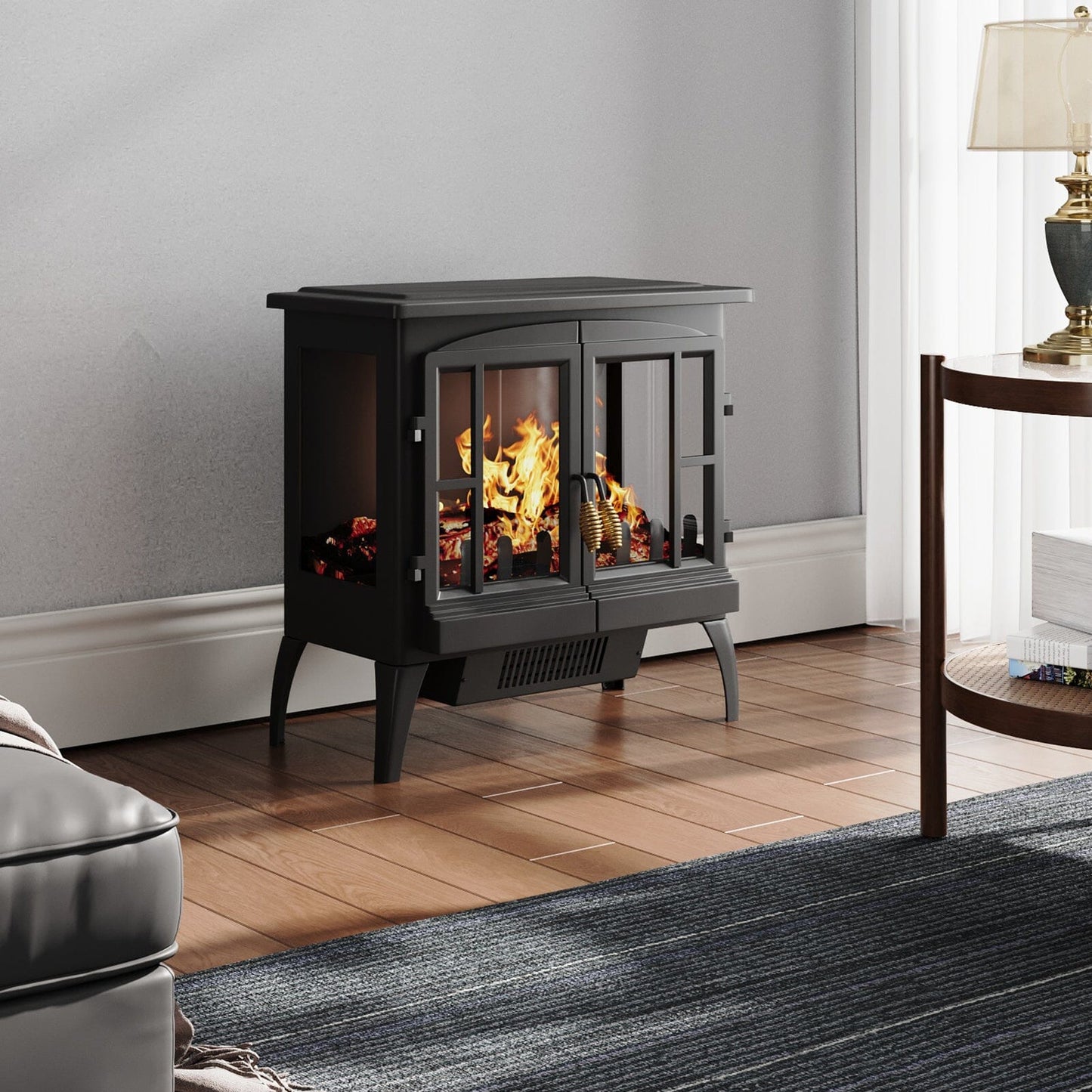 Black Freestanding Electric Fireplace Heater with Adjustable Flame Brightness