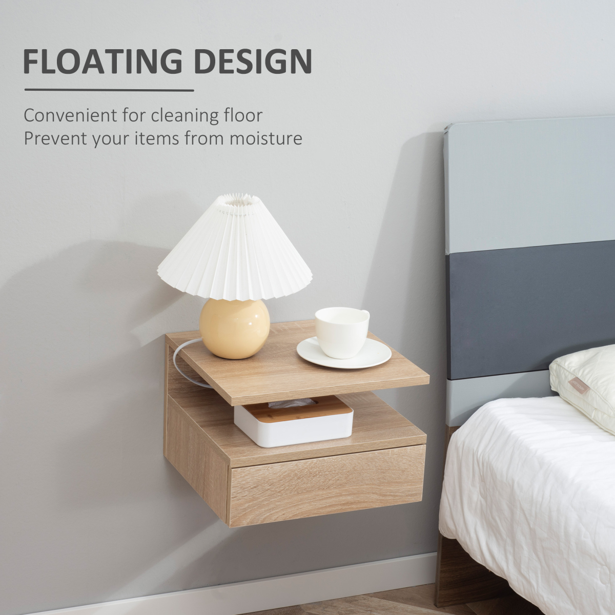 Aurora Nightstand Set of 2, Wall Mounted Bedside Cabinet