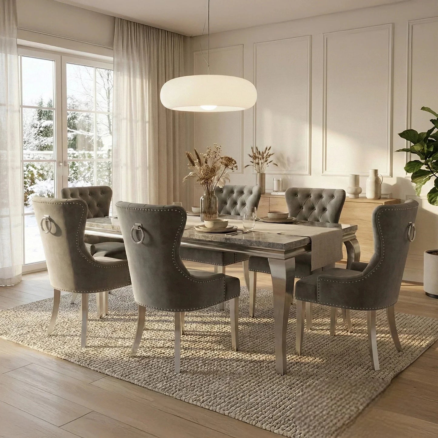 Luxury Lorens 1.8m Light Grey Marble Chrome Dining Set Table With Megan Dark Grey Velvet Chairs