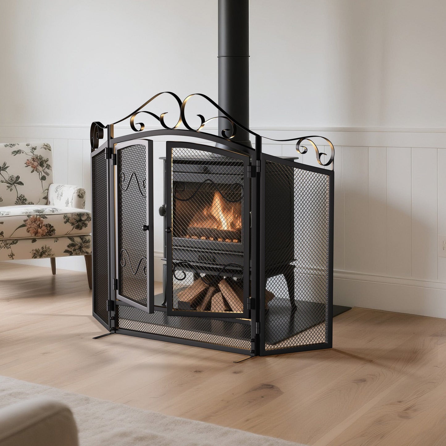 Smallbee Iron Fireplace Screen Black Powder-Coated – 114.7x84x16.5cm