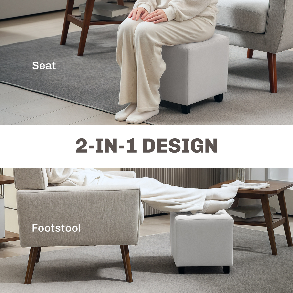 Aurora Square Footstool Small Ottoman with Wood Legs for Bedroom