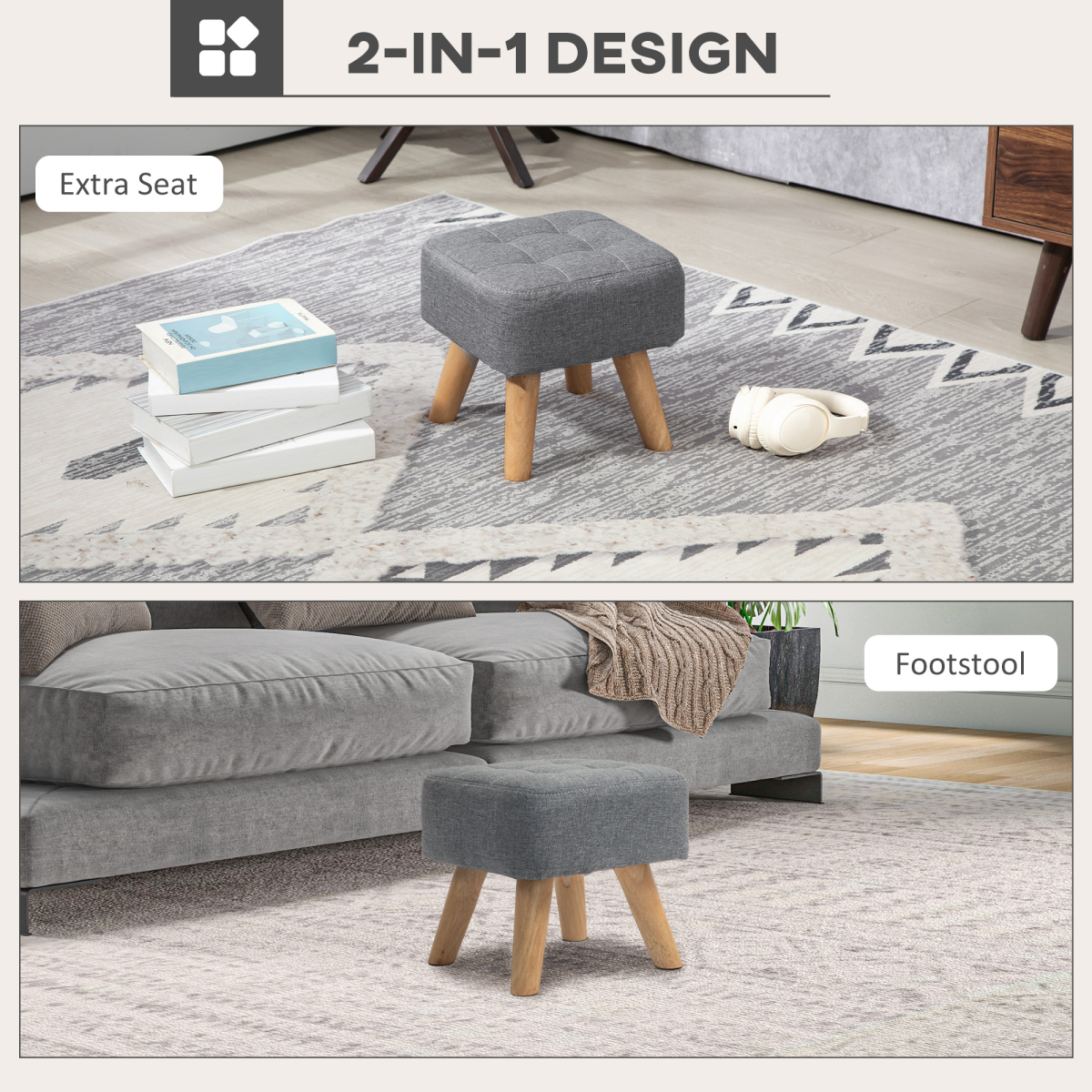 Aurora Modern Footstool, Fabric Foot Rest with Rubber Wood Legs
