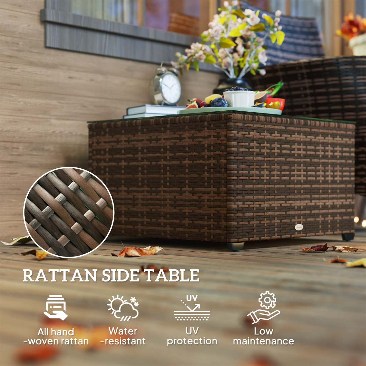 Esterno Outdoor Coffee Table with Glass Top, Rattan Side Table