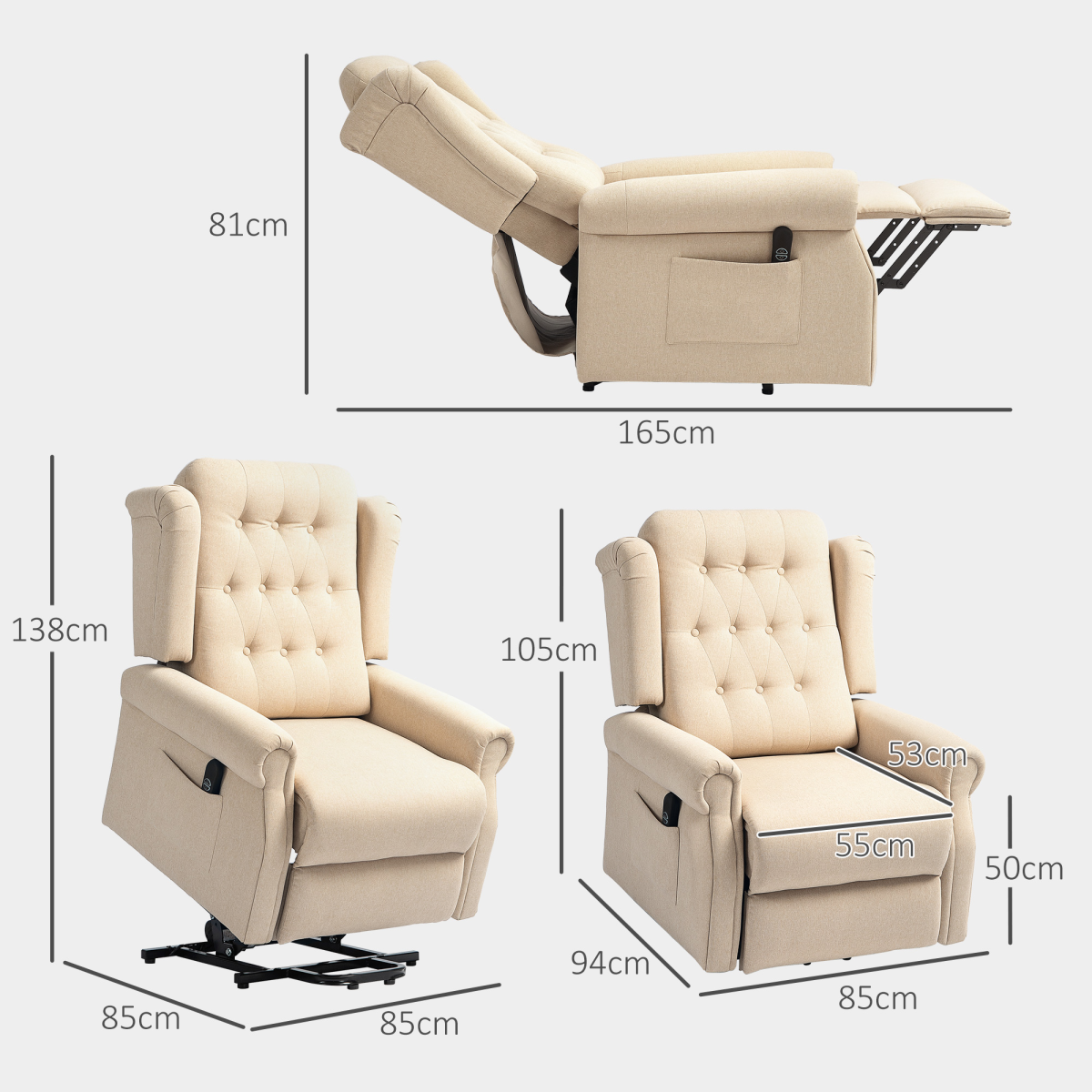 Aurora Power Lift Recliner Armchair with Wingback, Button Tufted, Beige
