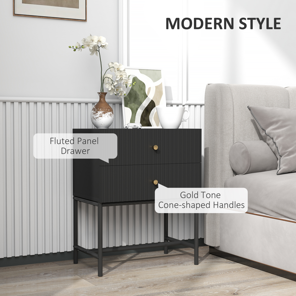 Aurora Modern Bedside Table with 2 Drawers for Bedroom