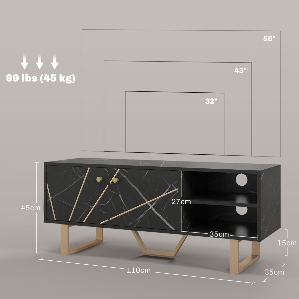 Aurora TV Unit for Living Room, TV Stand, Black Marble