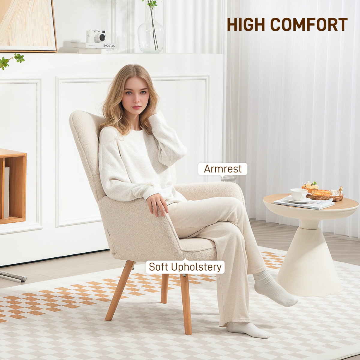Aurora Upholstered Tufted Wingback Armchair with Seat Padding, Cream White