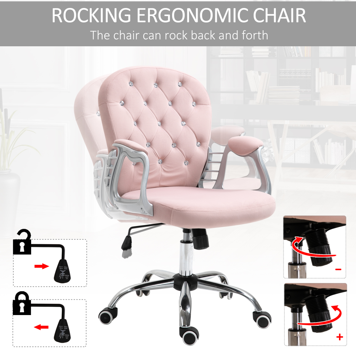 Luna Office Chair PU Diamante Padded Ergonomic 360° Swivel