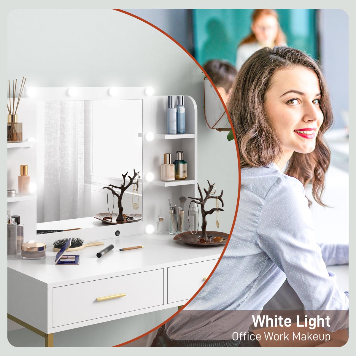 Aurora Makeup Vanity Desk Set with Lighted Mirror, Stool, Drawers