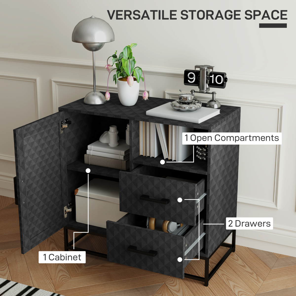 Aurora Cupboard with Adjustable Shelf, Open Compartment, 2 Drawers