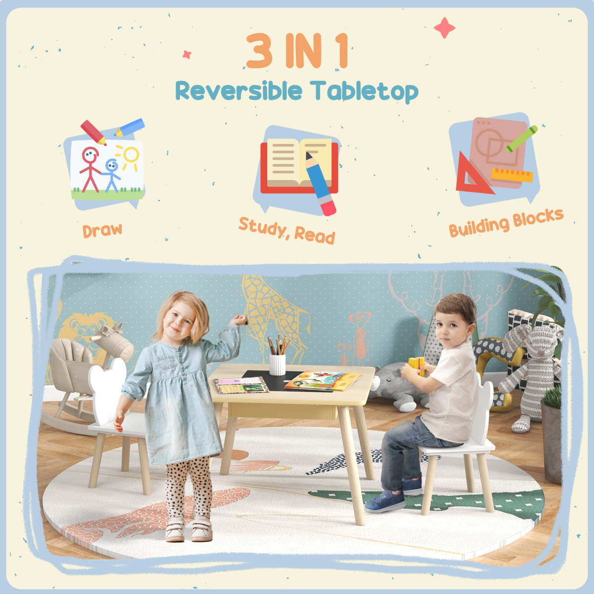 Bellaplay 3-Piece Toddler Table and Chairs Set for Nursery, Playroom