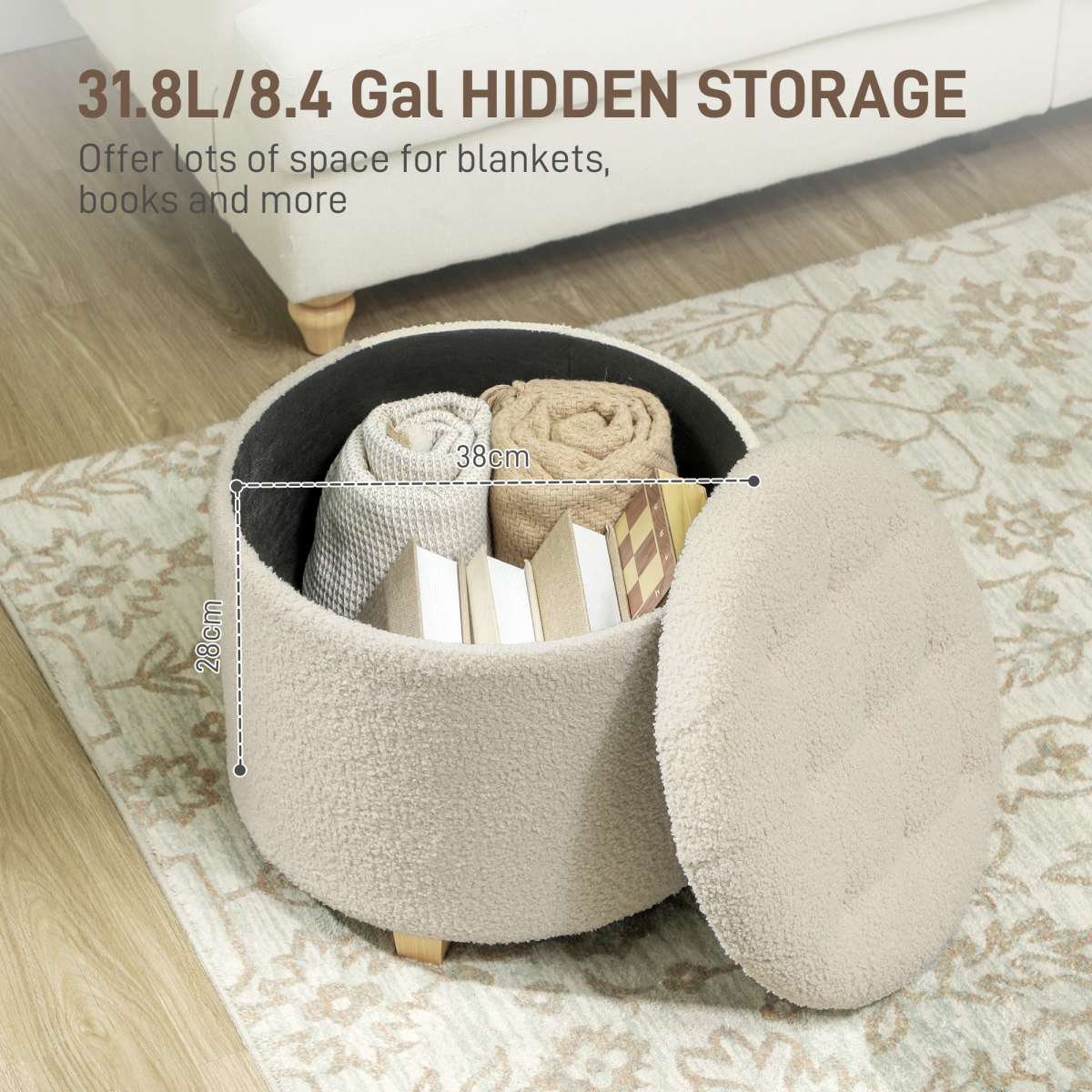 Aurora 45cm Round Ottoman with Storage, Lid, Cashmere Footstool