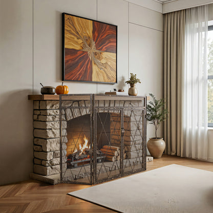 Smallbee Triple-Fold Iron Fireplace Screen Antique Copper Powder-Coated – 127x13x81cm