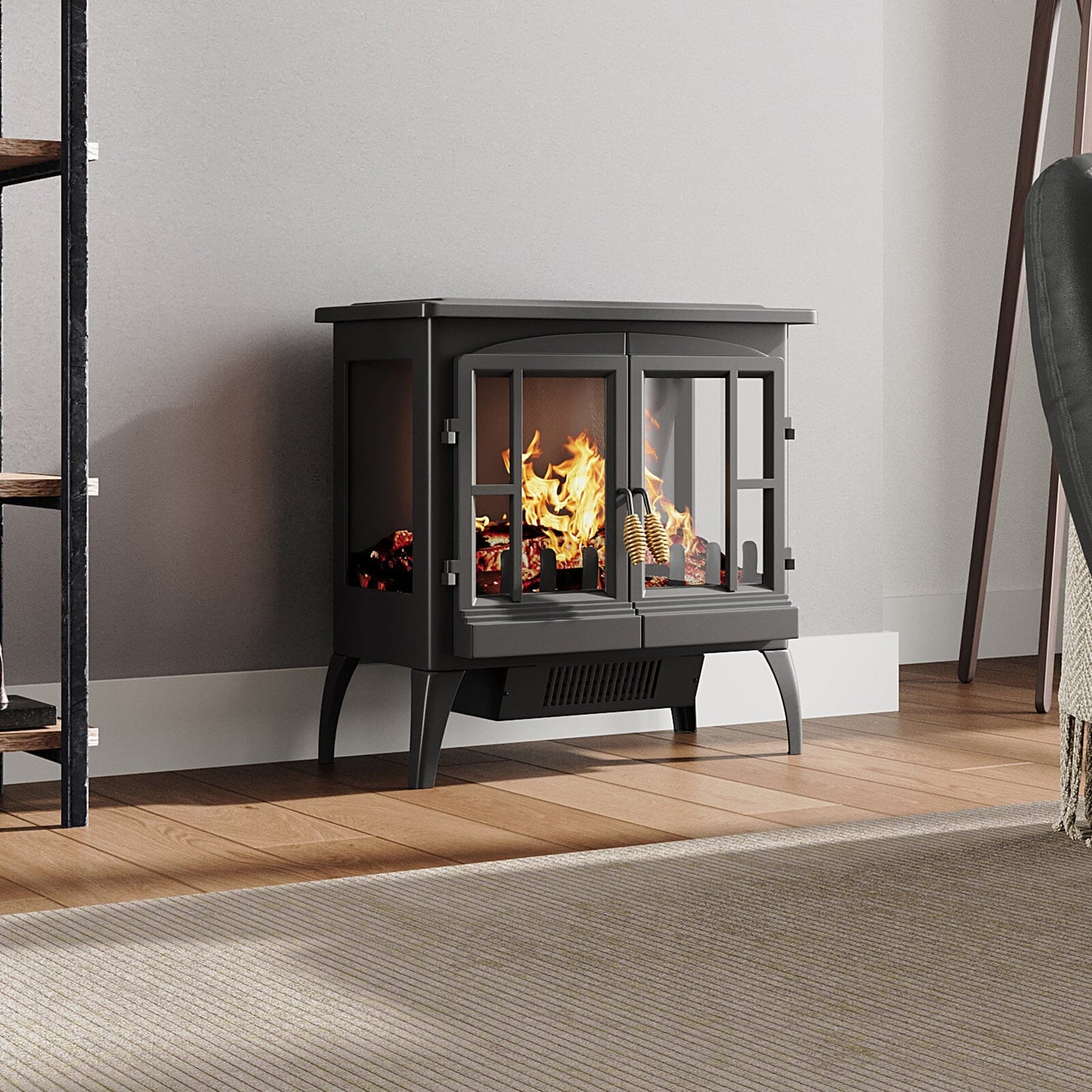 Black Freestanding Electric Fireplace Heater with Adjustable Flame Brightness