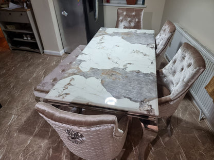 Louis Chrome Marble Dining Set with 4 Bentley Pewter Chairs & Louis Dining Bench