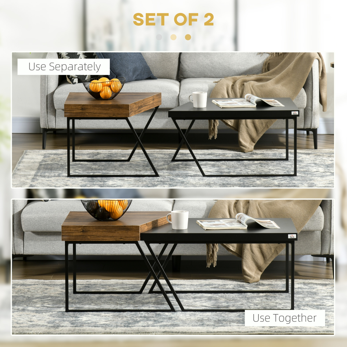 Aurora Coffee Table Set of 2, Coffee Tables with Steel Frame for Living Room