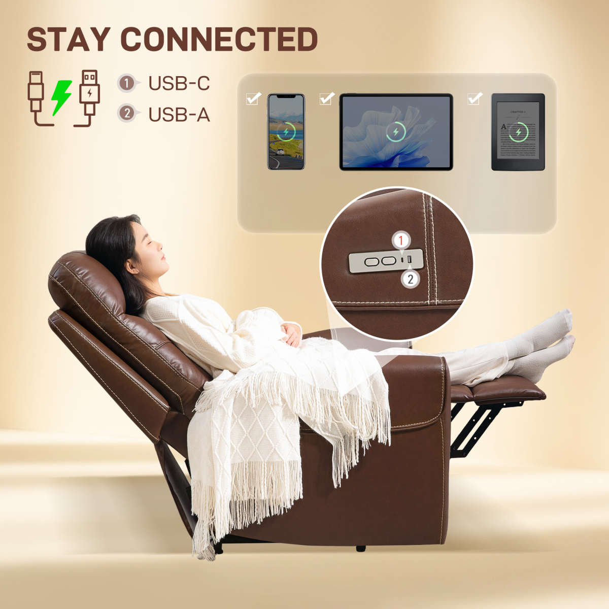 Aurora  Overstuffed Riser and Reclining Chair with USB Ports, Remote