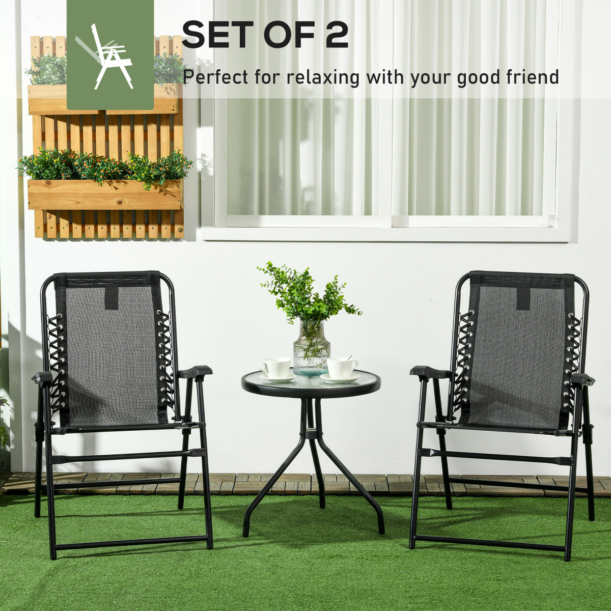 Esterno 2Pcs Outdoor Patio Folding Chairs, Portable Garden Loungers Black
