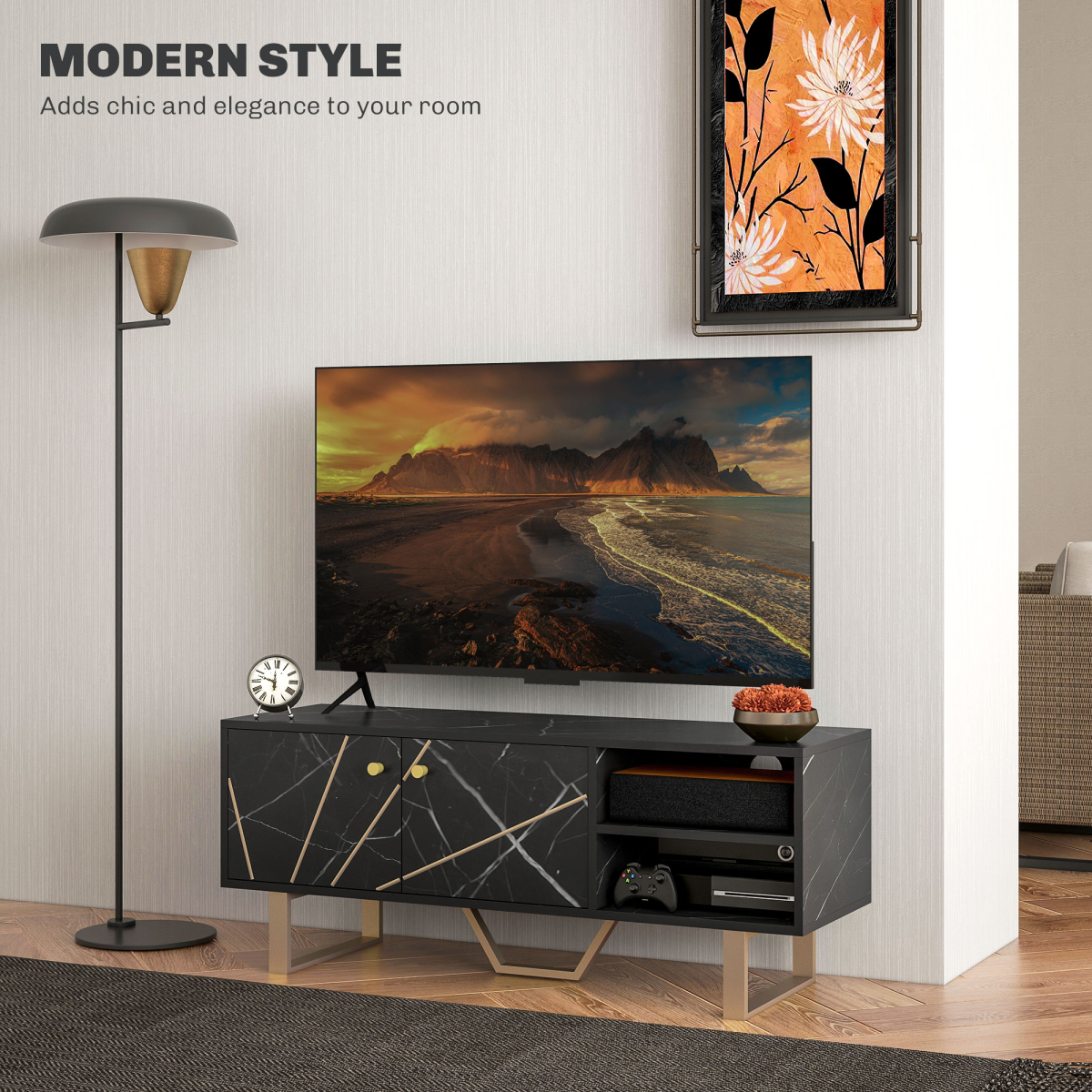Aurora TV Unit for Living Room, TV Stand, Black Marble