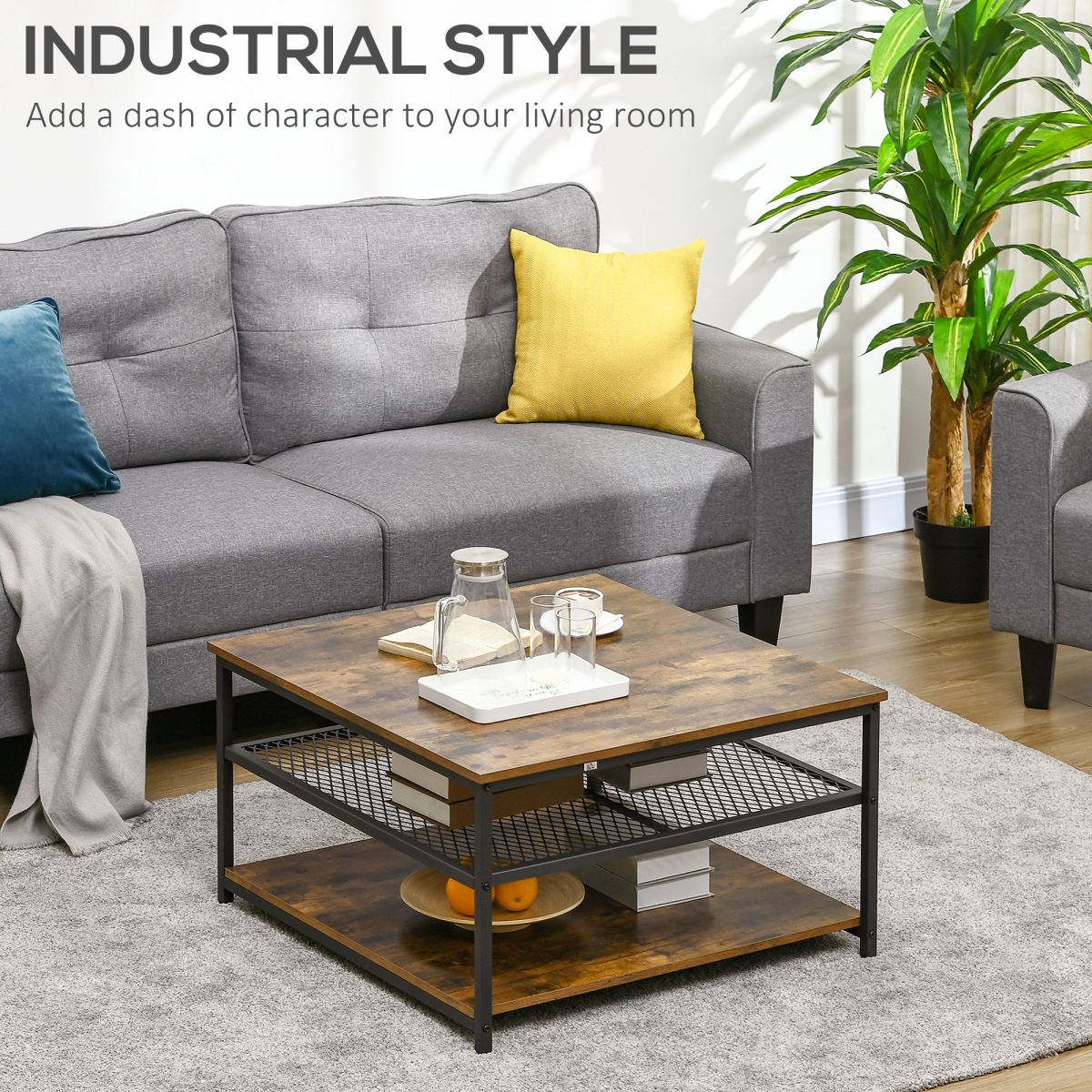 Aurora Industrial Coffee Table, Cocktail Table  Storage Shelves, Rustic Brown