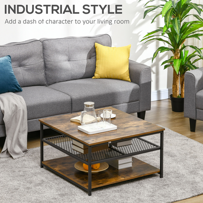 Aurora Industrial Coffee Table, Cocktail Table  Storage Shelves, Rustic Brown