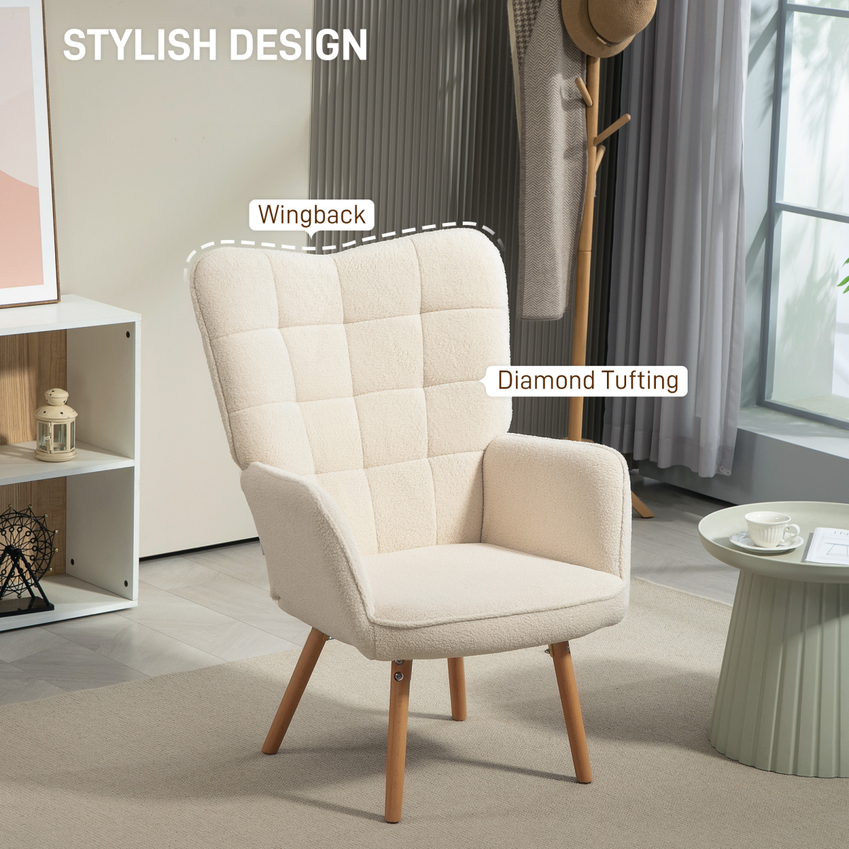 Aurora Upholstered Tufted Wingback Armchair with Seat Padding, Cream White