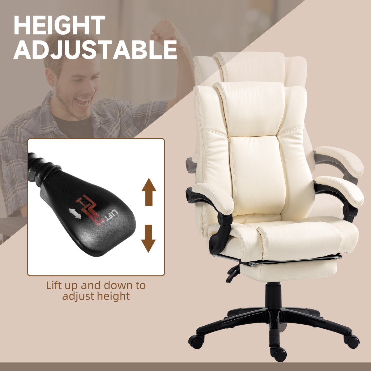Luna Executive Home Office Chair High Back Recliner, with Foot Rest, Cream