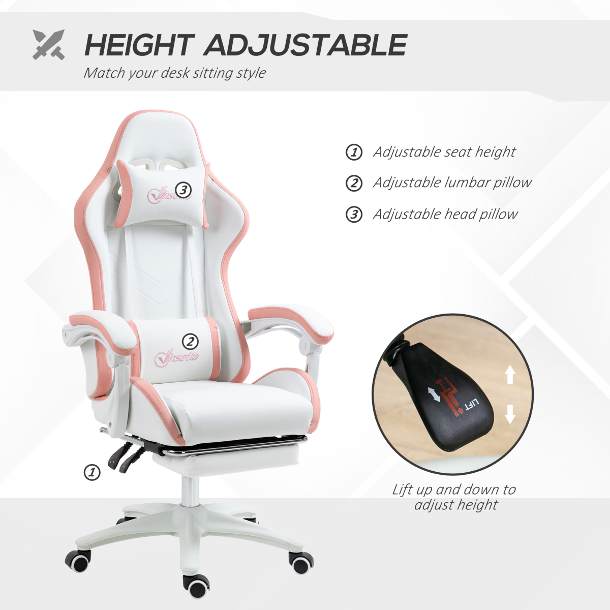Luna Racing Style Gaming Chair with Reclining Function Footrest, Pink