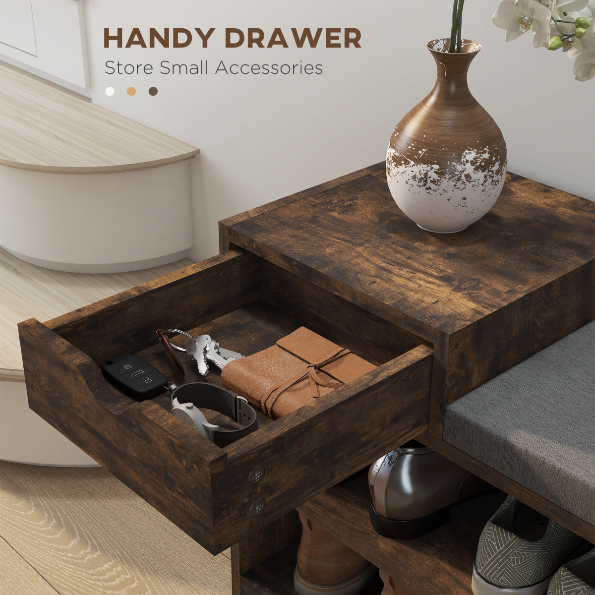 Aurora Upholstered Entryway Shoe Bench with Storage Drawer Distressed