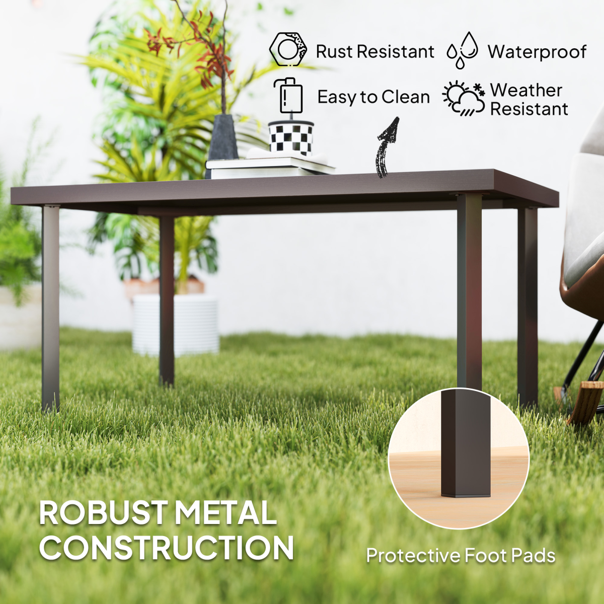Esterno Metal Garden Coffee Table with Woodgrain Tabletop, Brown