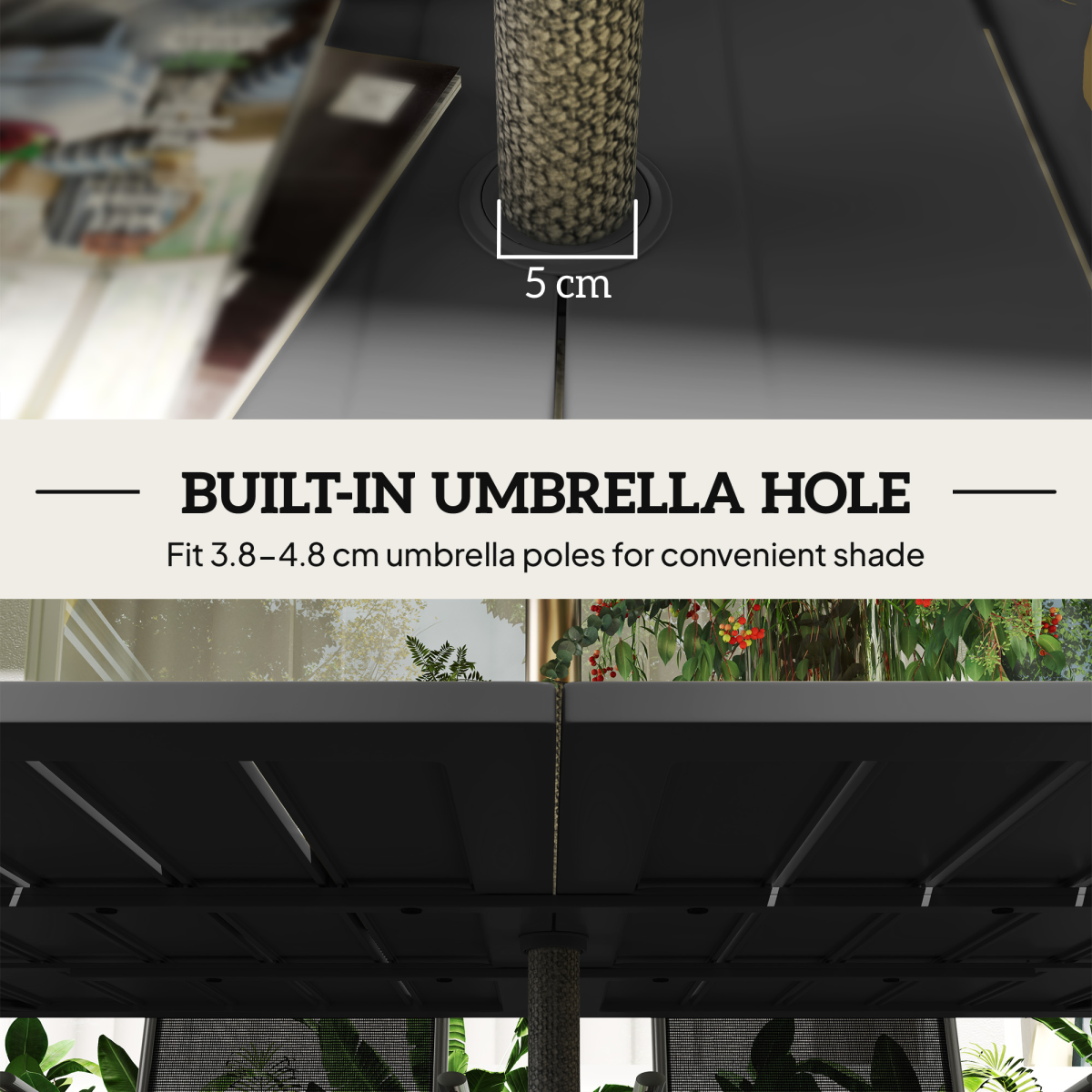 Esterno Garden Table with Parasol Hole, Slatted Metal Tabletop, Black