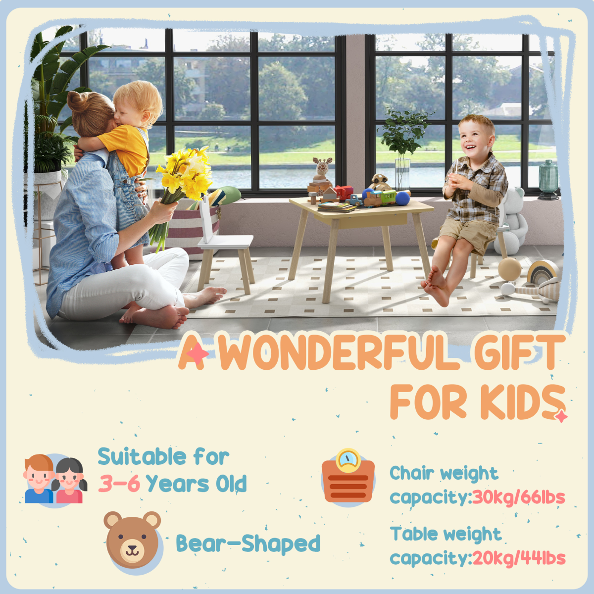 Bellaplay 3-Piece Toddler Table and Chairs Set for Nursery, Playroom