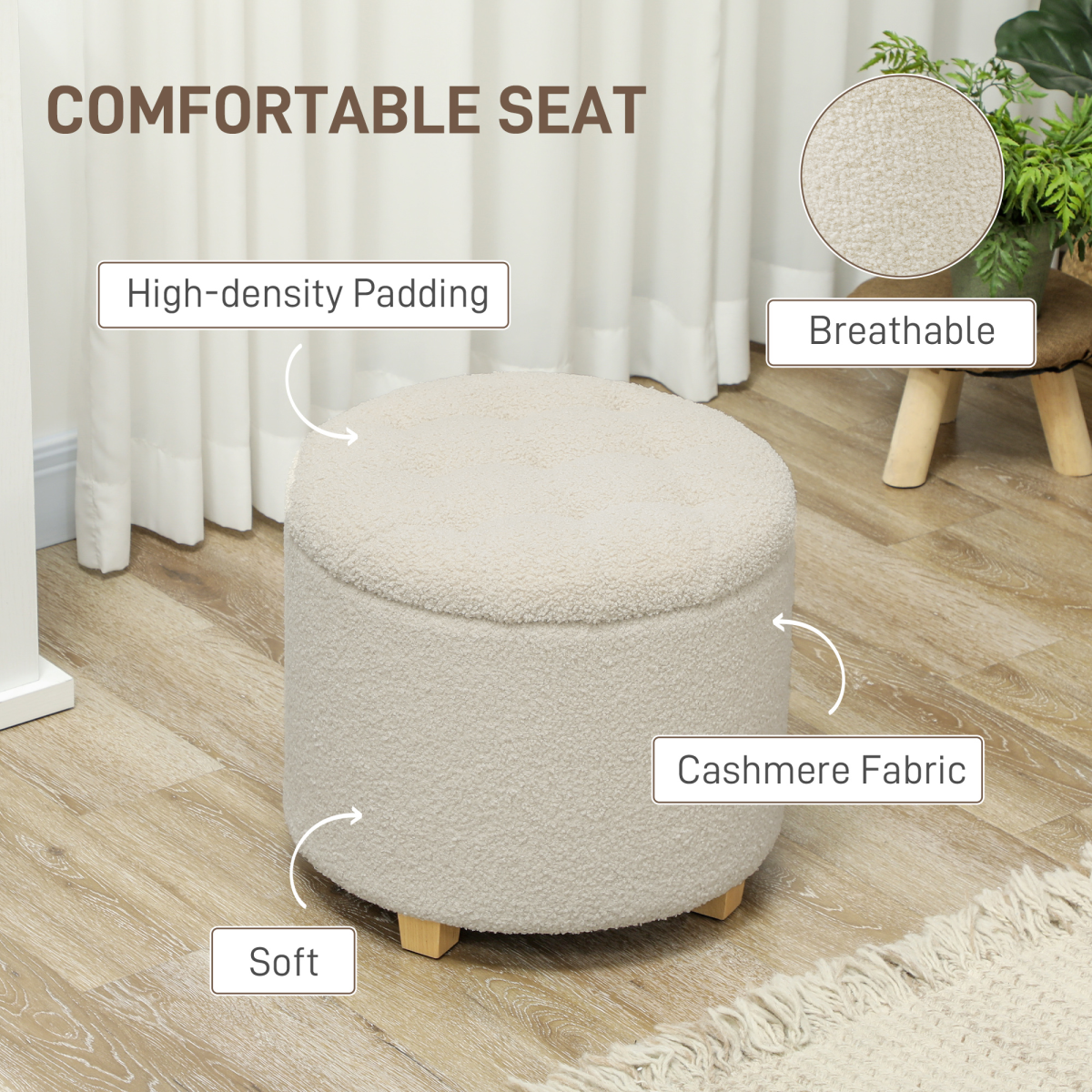 Aurora 45cm Round Ottoman with Storage, Lid, Cashmere Footstool