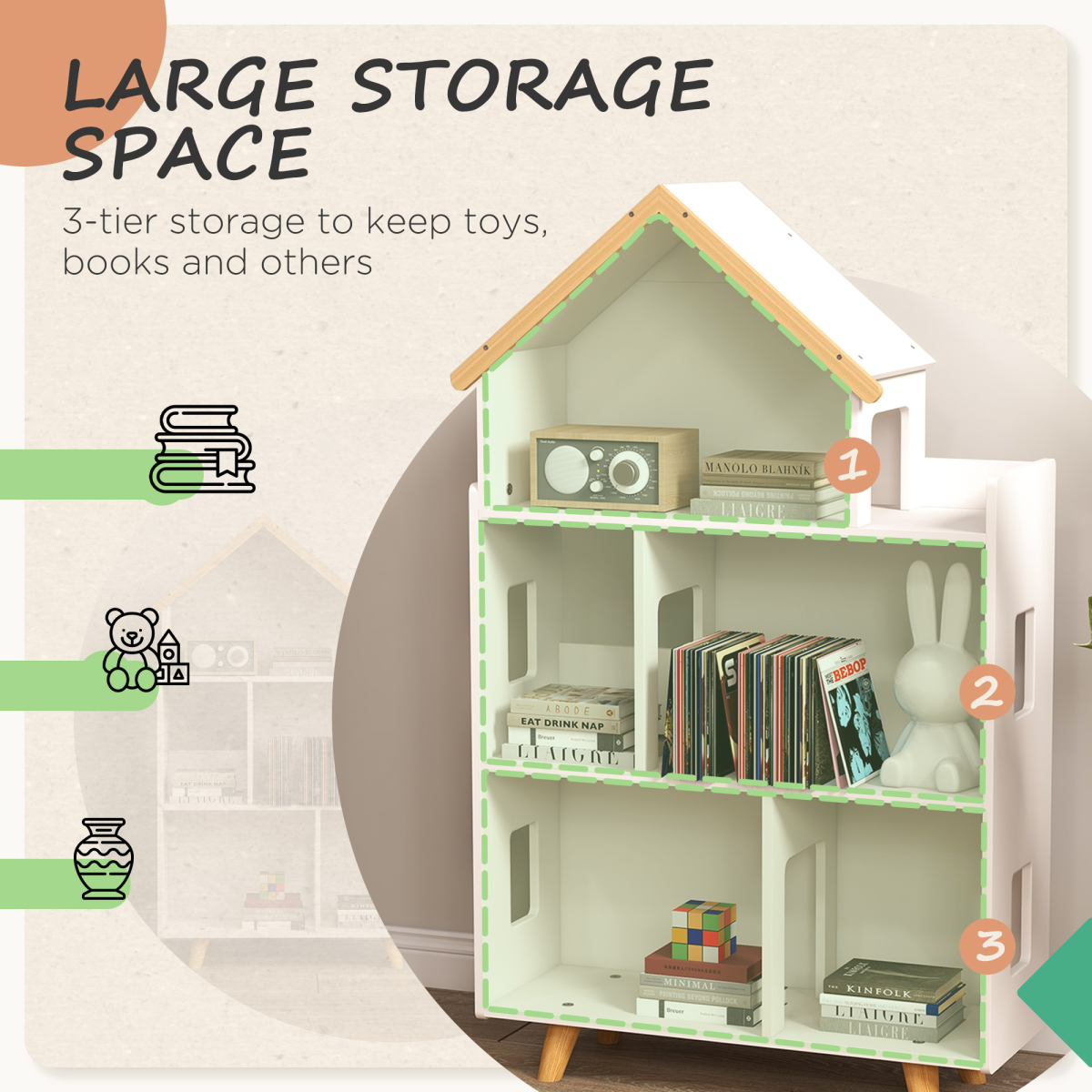 Bellaplay 3 Tier Toy Storage Shelf with 6 Cubby for Playroom, Bedroom, White