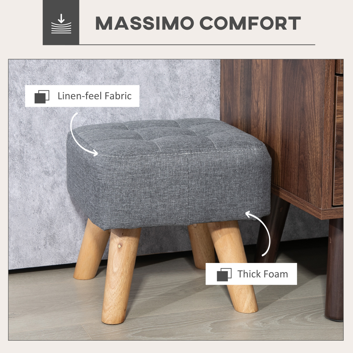Aurora Modern Footstool, Fabric Foot Rest with Rubber Wood Legs