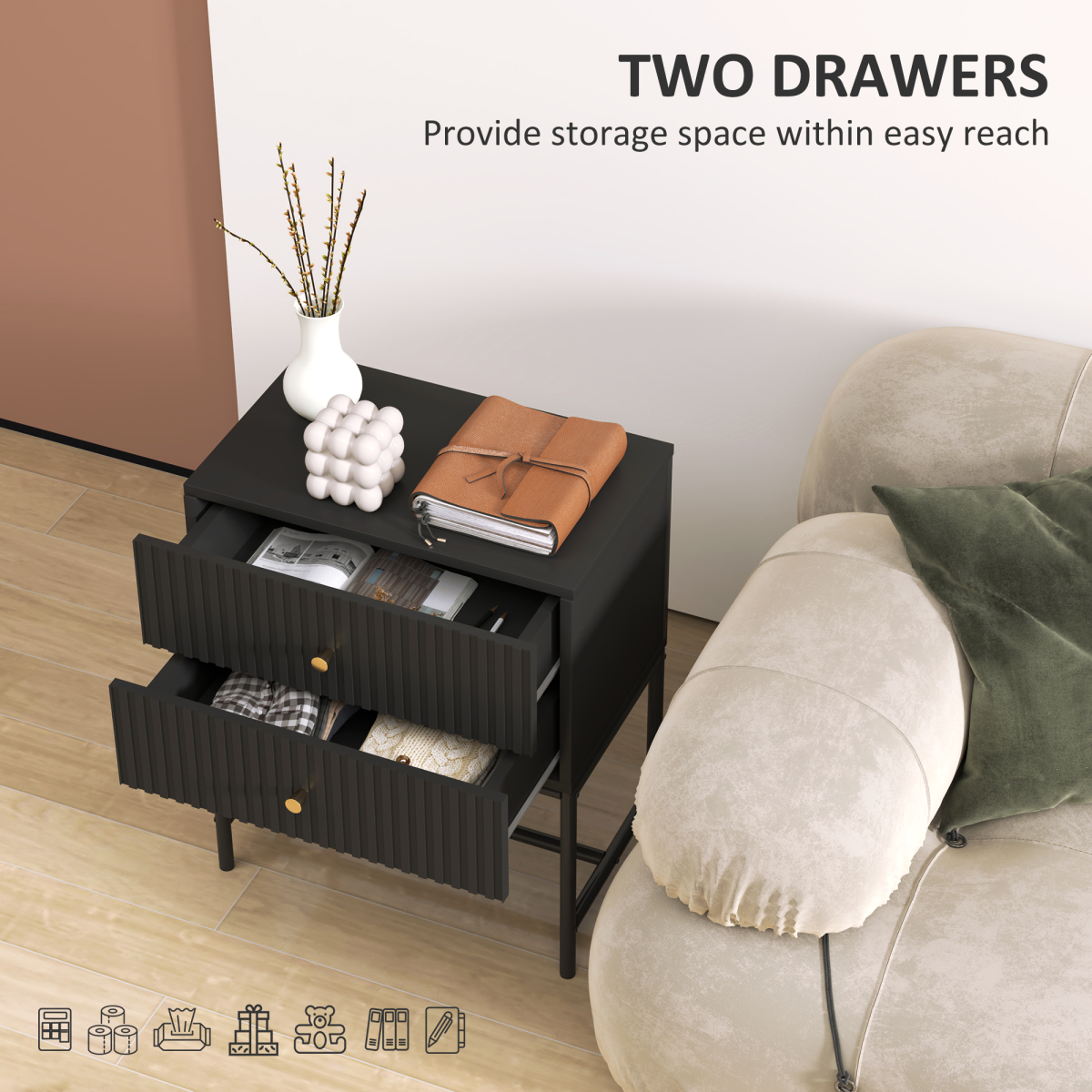 Aurora Modern Bedside Table with 2 Drawers for Bedroom