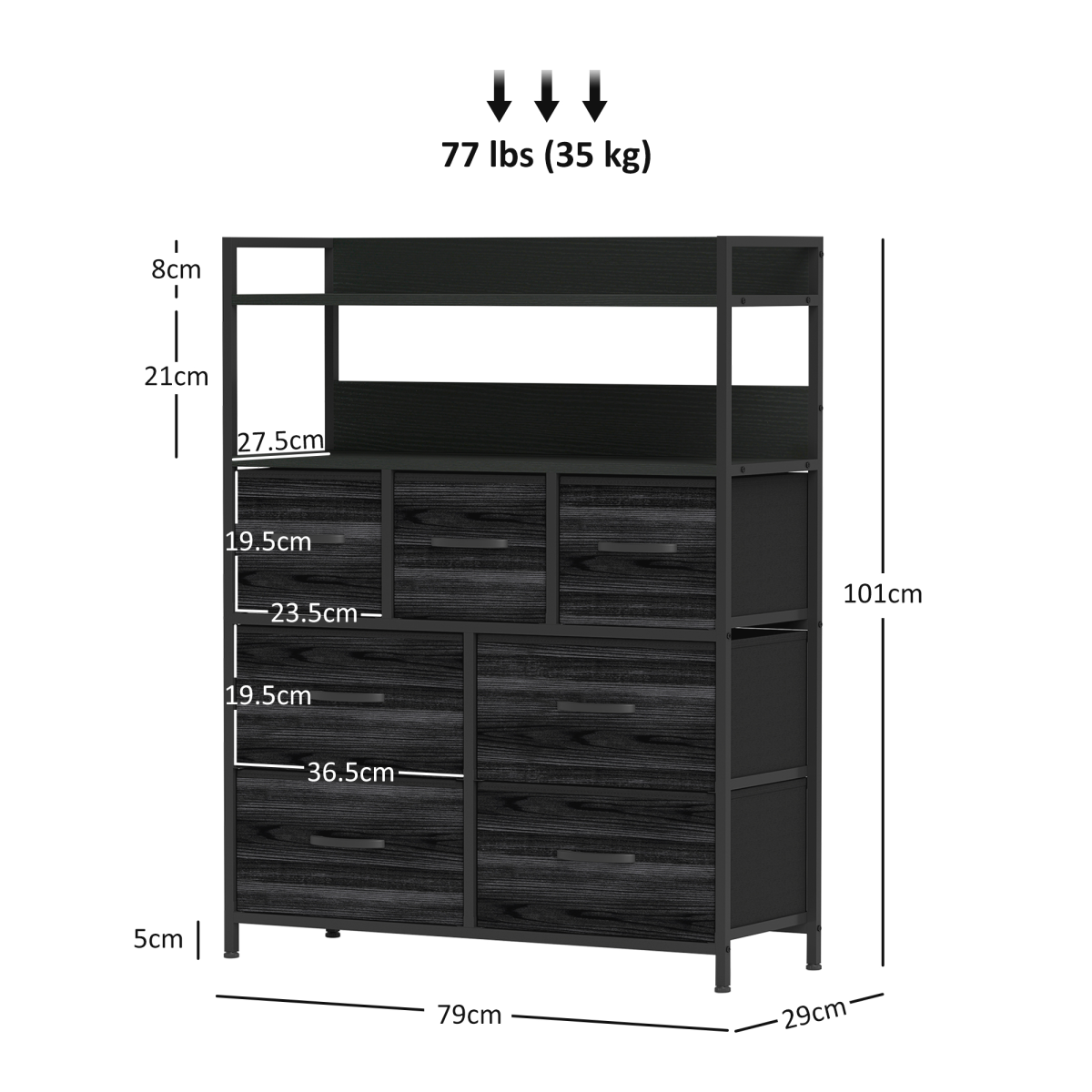 Aurora Bedroom Chest of Drawers 7 Drawer Dresser w/ Shelves