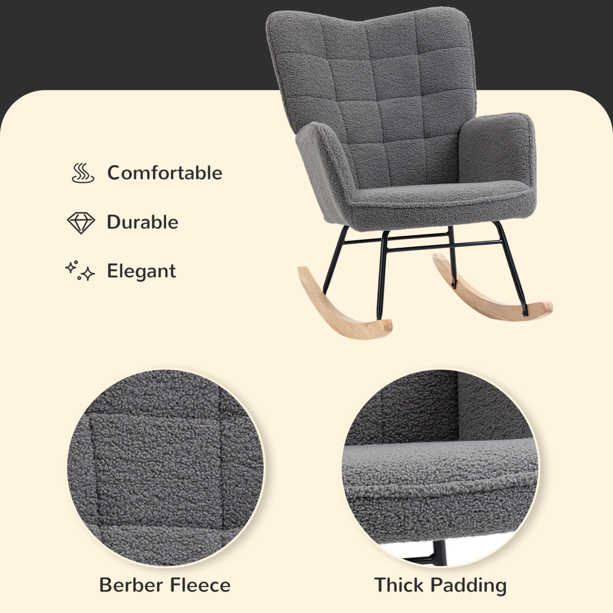 Aurora Wingback Rocking Chair for Nursing w/ Steel Frame