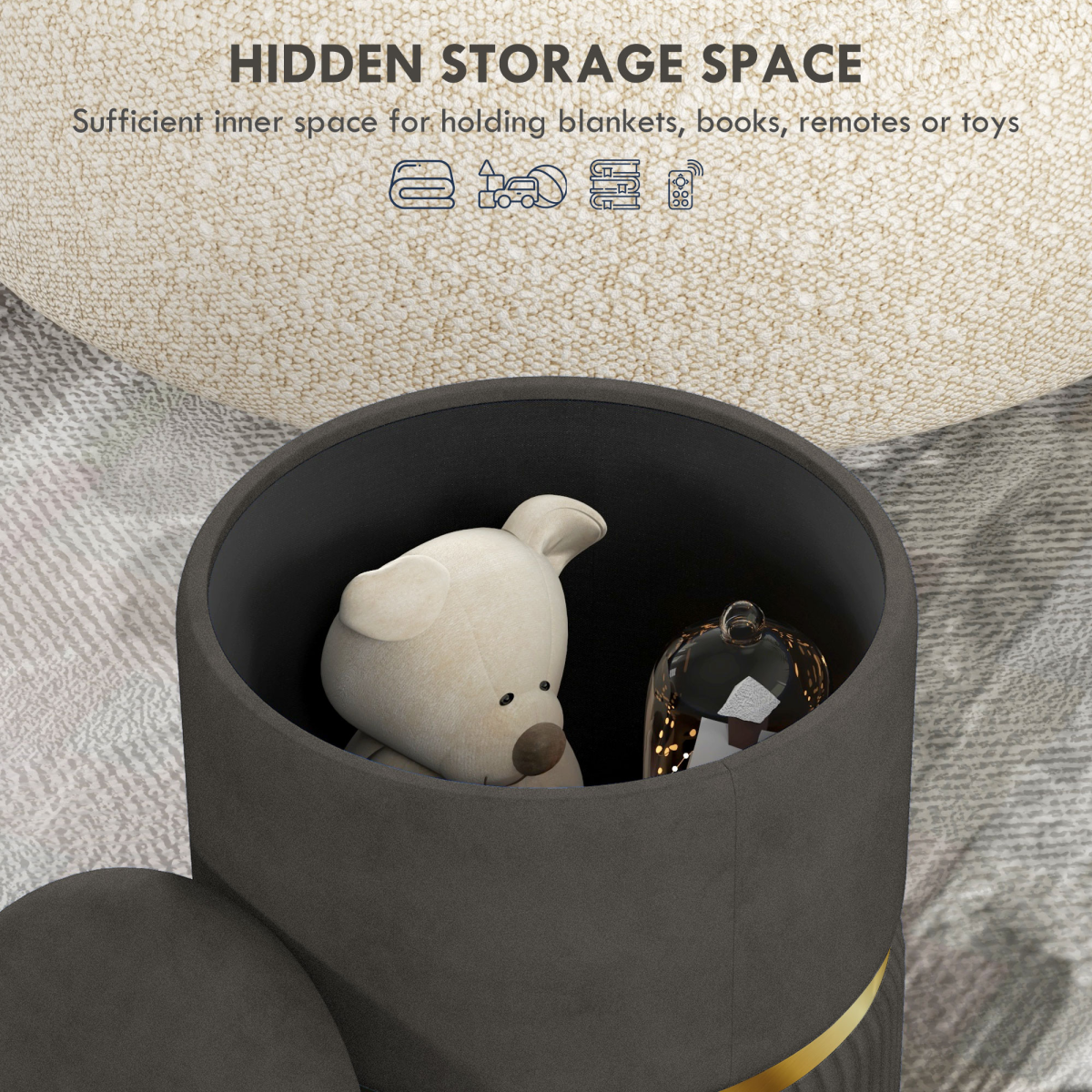 Aurora Round Pouffe, Storage Footstool with Cushioned Top, Hidden Space